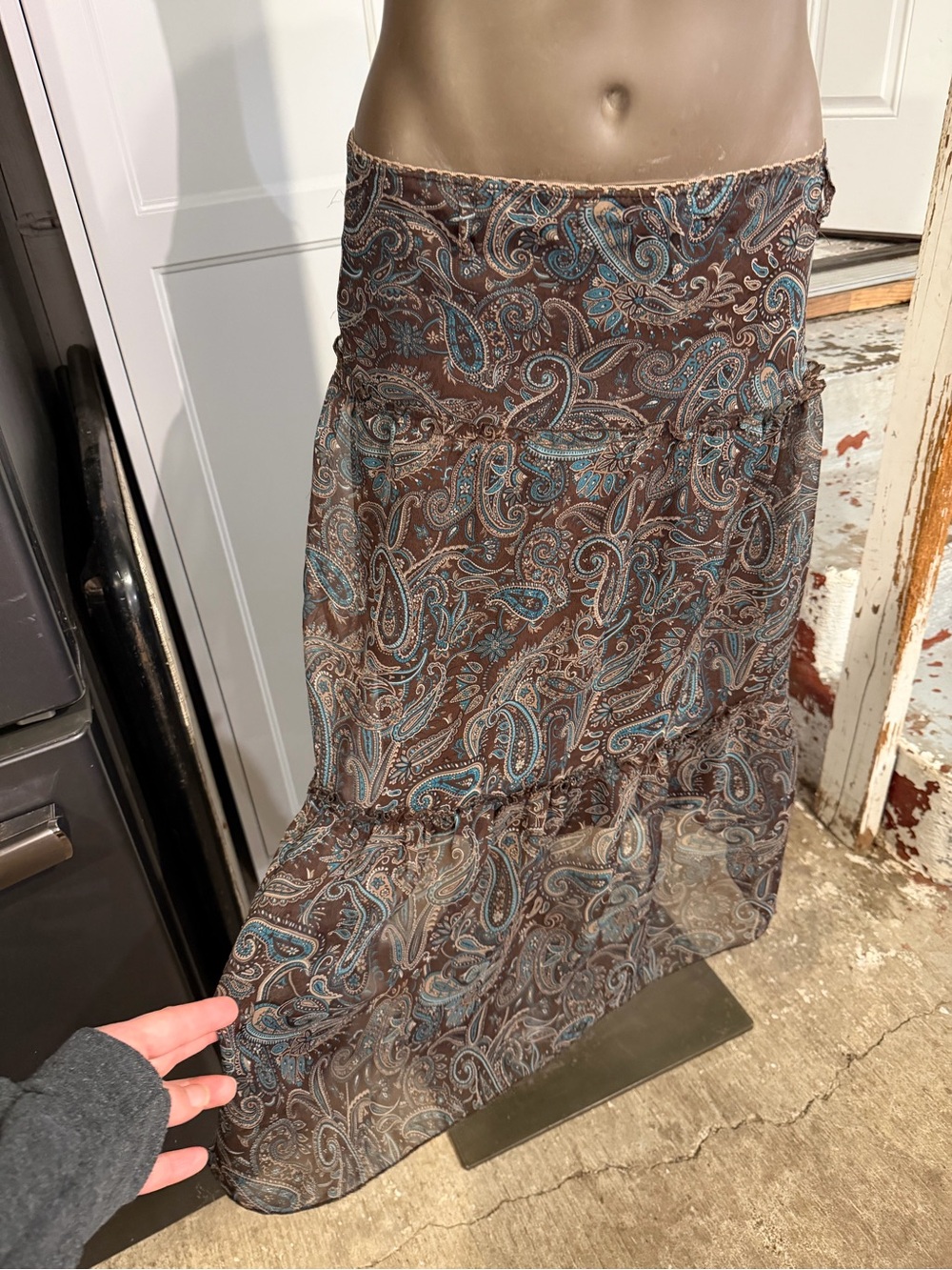 Vintage Y2K Paisley Tiered Maxi Skirt Brown Blue Boho Sheer Ruffle - Picture 3 of 8